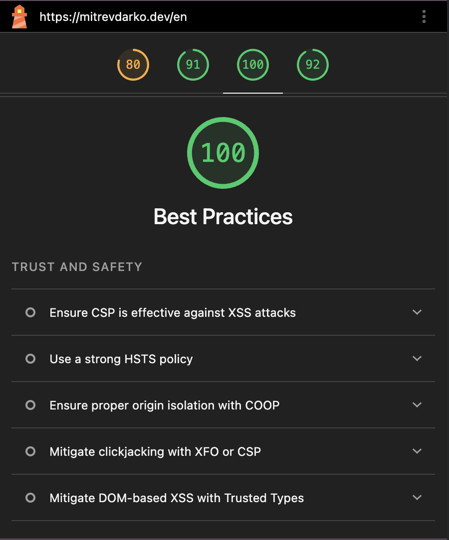 Lighthouse performance report after optimization